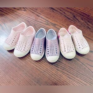 3 pairs of Toddler Girl Native shoes icy pink 9, glitter purple 9, pink 8